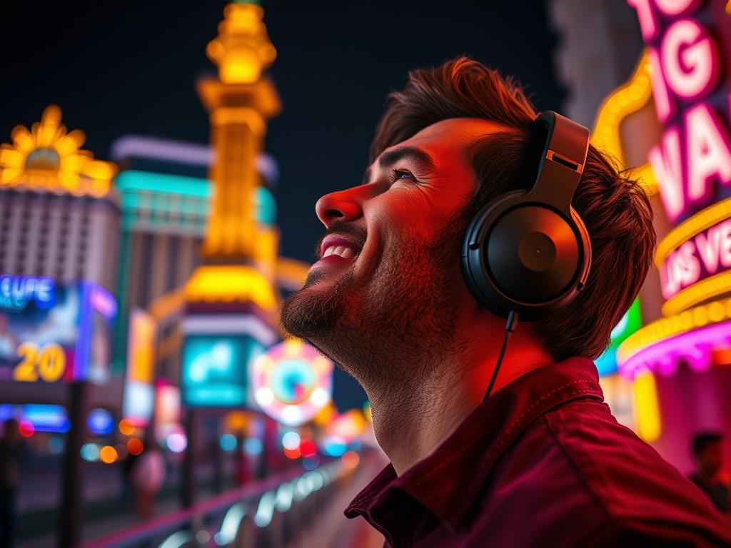 Homme écoutant la musique de la BO Ballad of a Small Player (2025) Soundtrack à Las Vegas : vibes casino Netflix