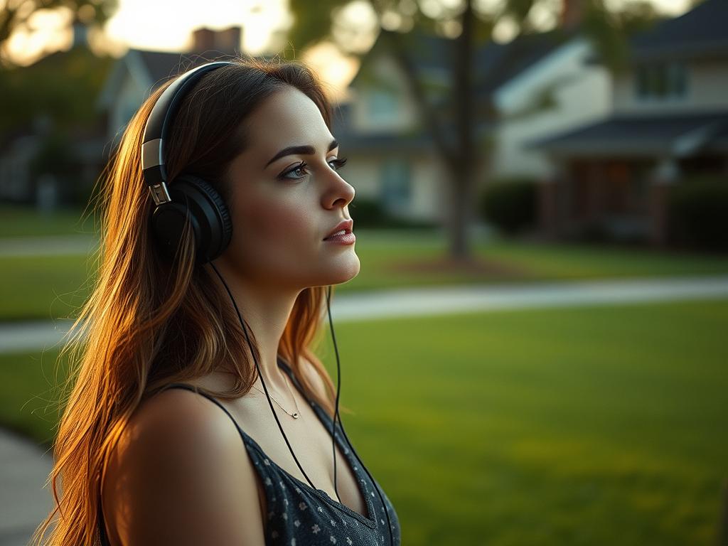 Une femme écoute la musique du film Weapons (Évanouis, 2025) en banlieue américaine, ambiance thriller avec le score de Ryan & Hays Holladay et classiques comme George Harrison.