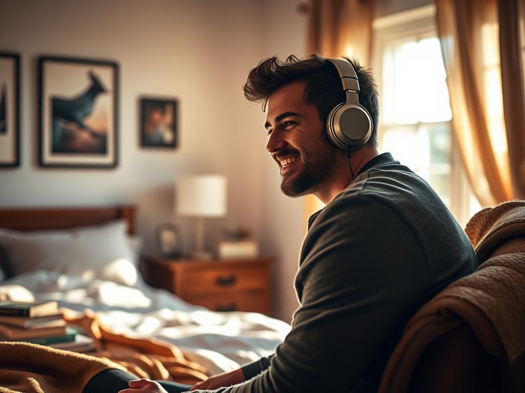 Un homme écoute la musique du film One Battle After Another (Une bataille après l’autre, 2025) dans sa chambre sombre, ambiance thriller avec le score de Jonny Greenwood et classiques comme Steely Dan.