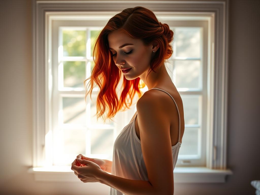 Femme pensive écoutant la musique la BO Anniversary (2025) Soundtrack dans sa salle de bain près de la fenêtre : vibes morales