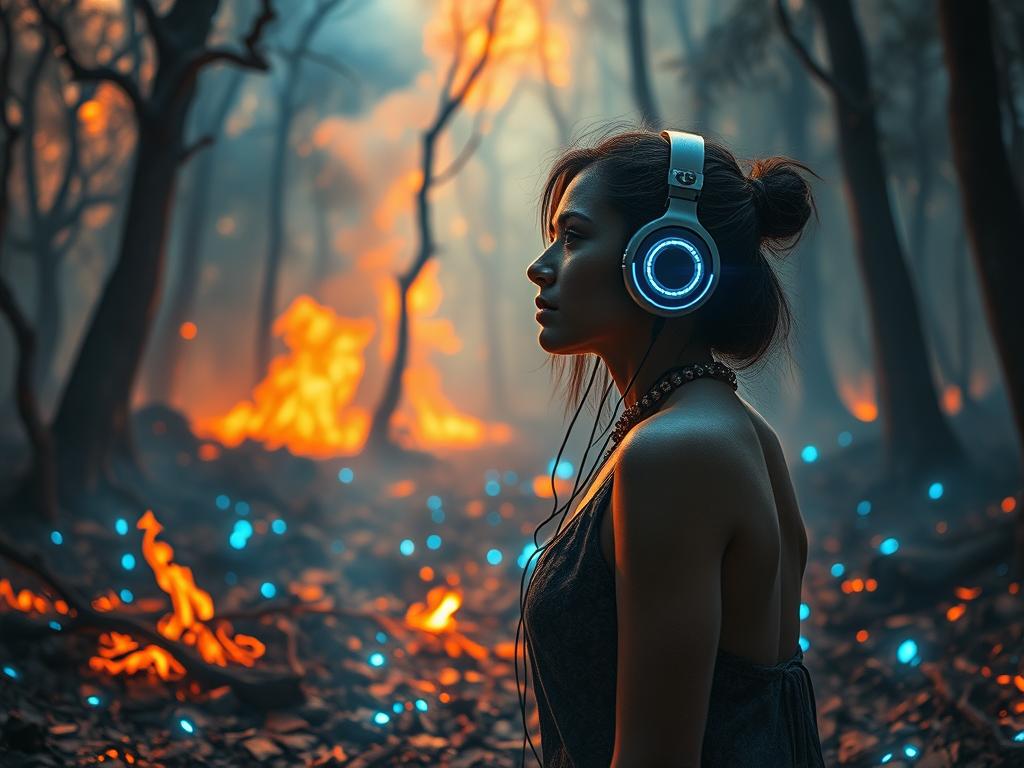 Femme écoutant la musique de la BO Avatar Fire and Ash (2025) Soundtrack avec casque dans une forêt pandorienne en flammes : vibes épiques