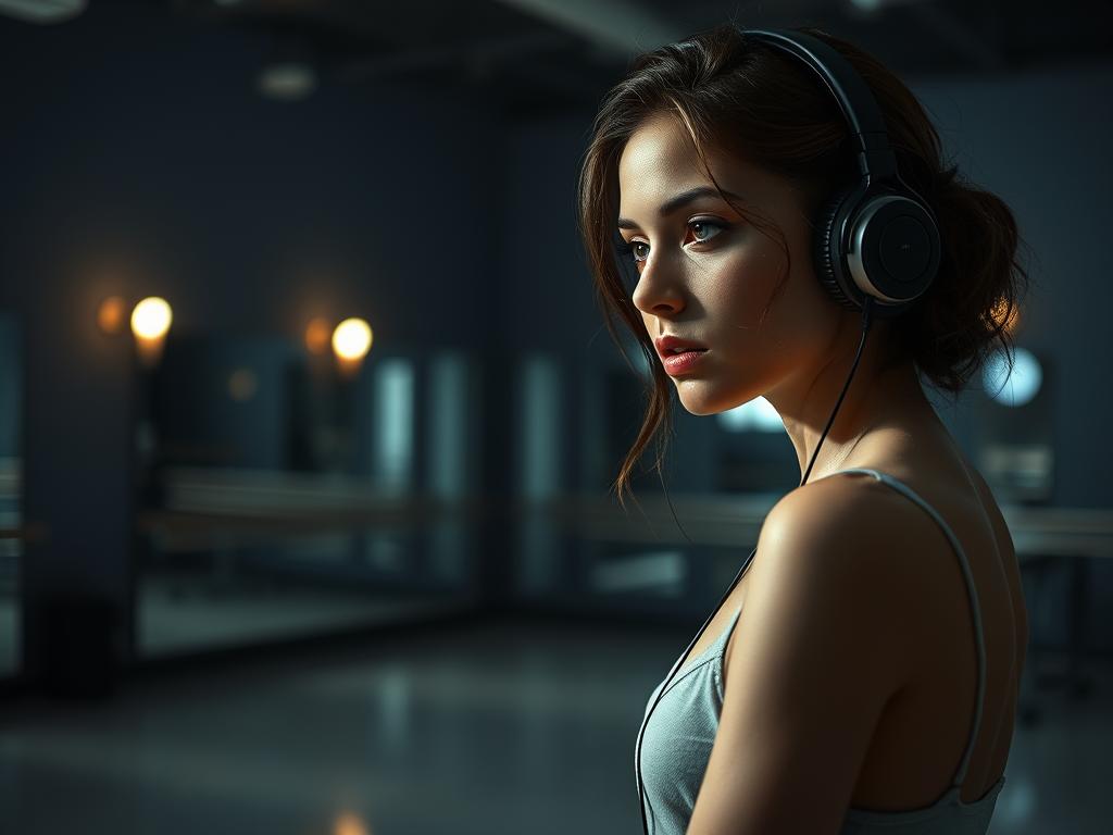 Femme écoutant la musique de la BO Ballerina (2026) Soundtrack dans un studio de ballet : vibes assassin