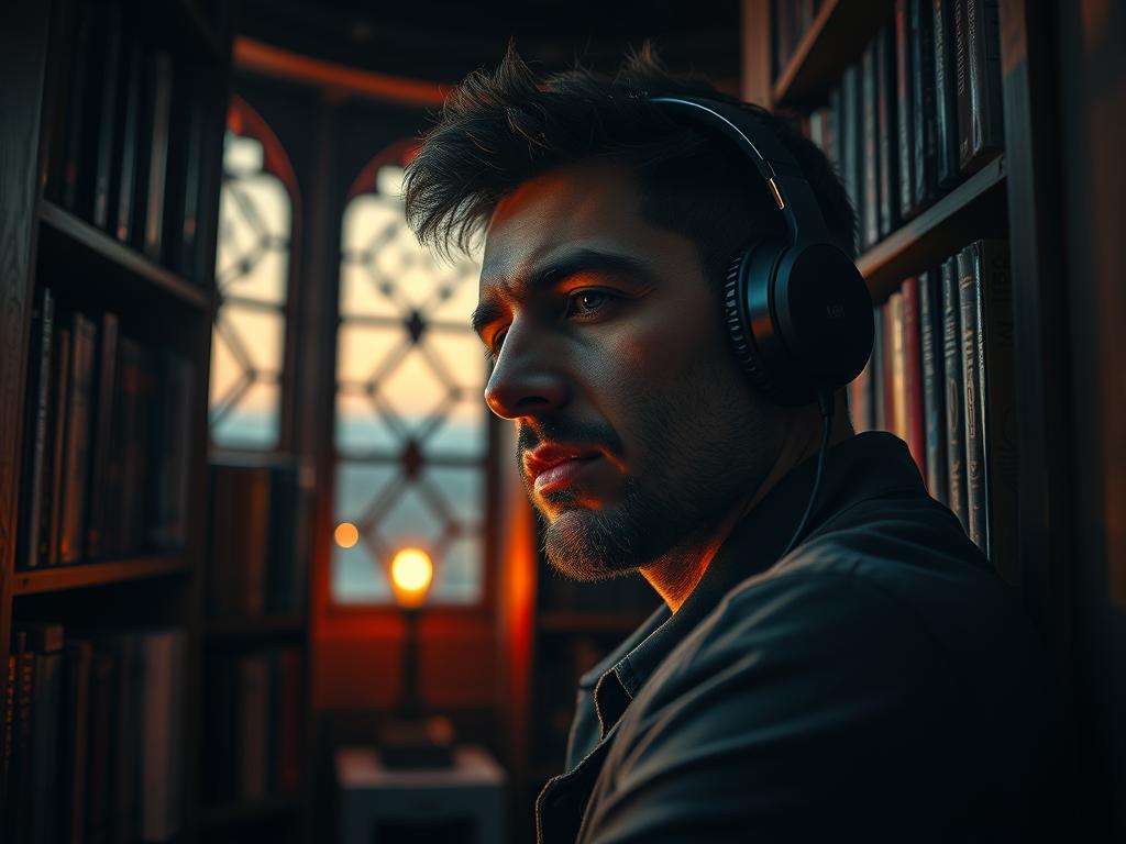 Homme écoutant la musique de la BO Dracula (2025) Soundtrack dans un château près d'une bibliothèque avec lampe : vibes gothiques