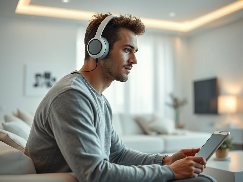 Homme écoutant la musique de la BO F1 (2025) Soundtrack dans son salon blanc : vibes racing