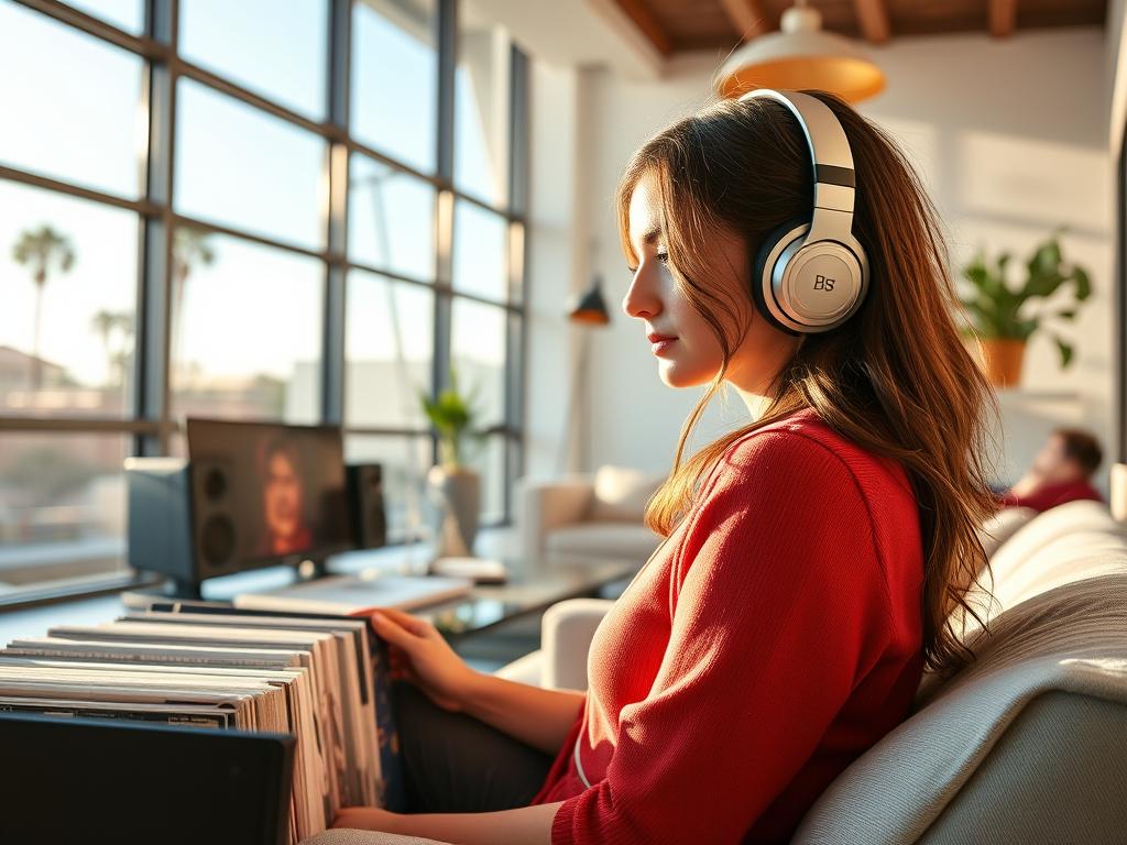 Femme écoutant la musique de la BO Final Destination: Bloodlines (2025) Soundtrack sur vinyles chez elle : vibes fatality