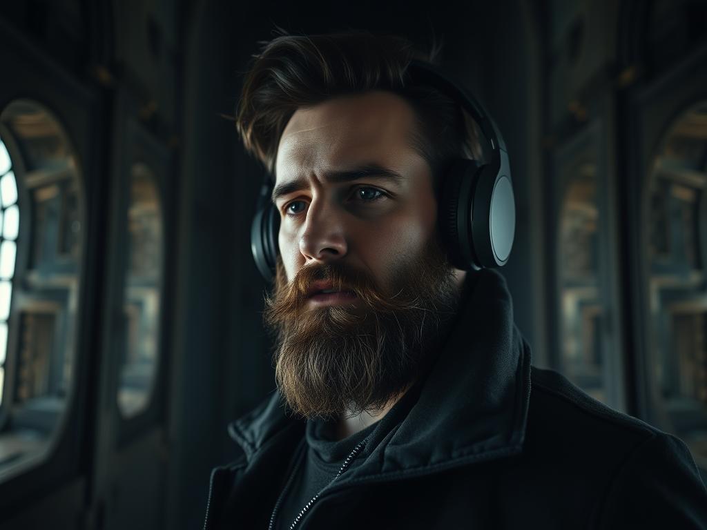 Homme écoutant la musique de la BO Frankenstein (2025) Soundtrack dans une tour : vibes gothiques Netflix