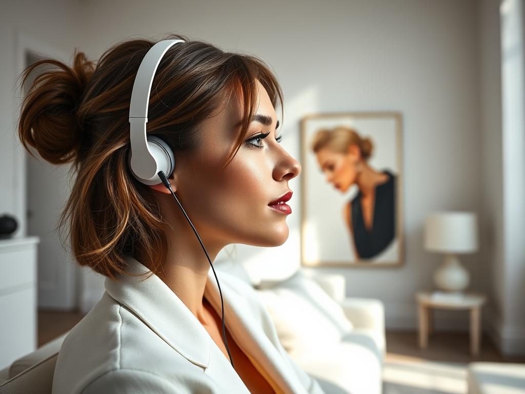 Femme écoutant la musique de la BO Materialists (2025) Soundtrack dans un appartement à Manhattan : vibes matérialistes