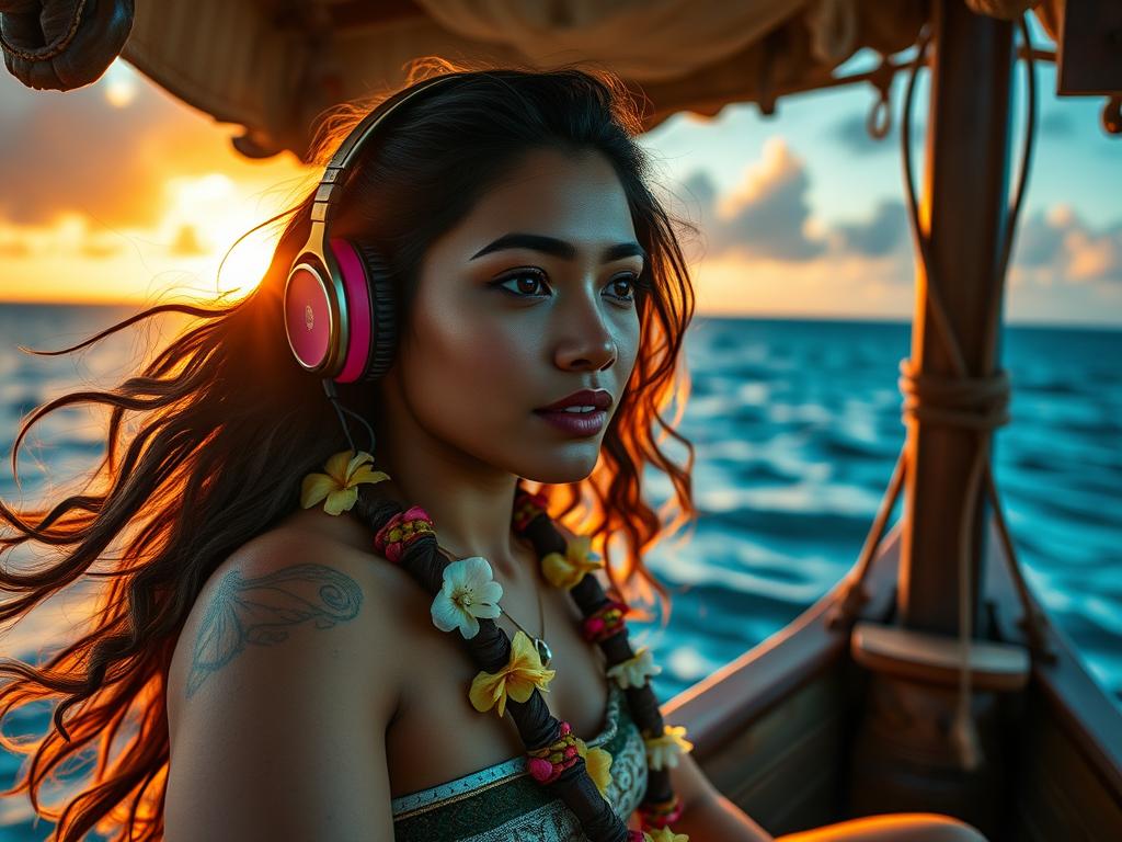 Femme polynésienne écoutant la musique de la BO Moana (2026) Soundtrack sur un bateau océan : vibes Vaiana live-action