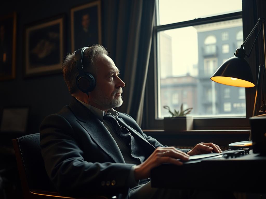 Homme sérieux et pensif écoutant la musique de la BO Nuremberg (2025) Soundtrack dans son salon à New York : vibes judiciaires