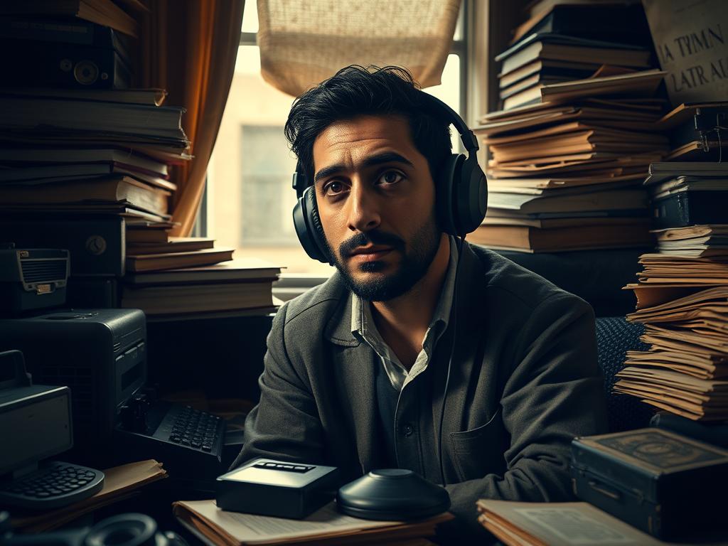 Homme écoutant la musique de la BO Relay (2024) Soundtrack dans un bureau sombre : vibes thriller paranoïaque