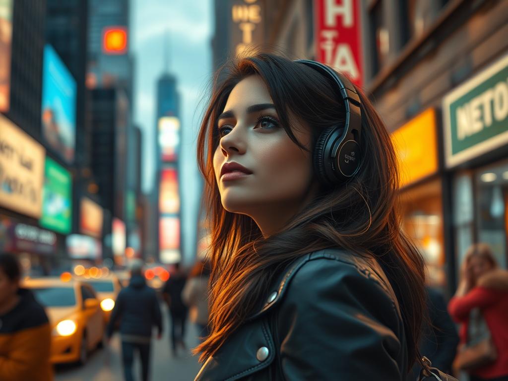 Femme écoutant la musique de la BO The Running Man (2025) Soundtrack en ville à New York : vibes dystopiques