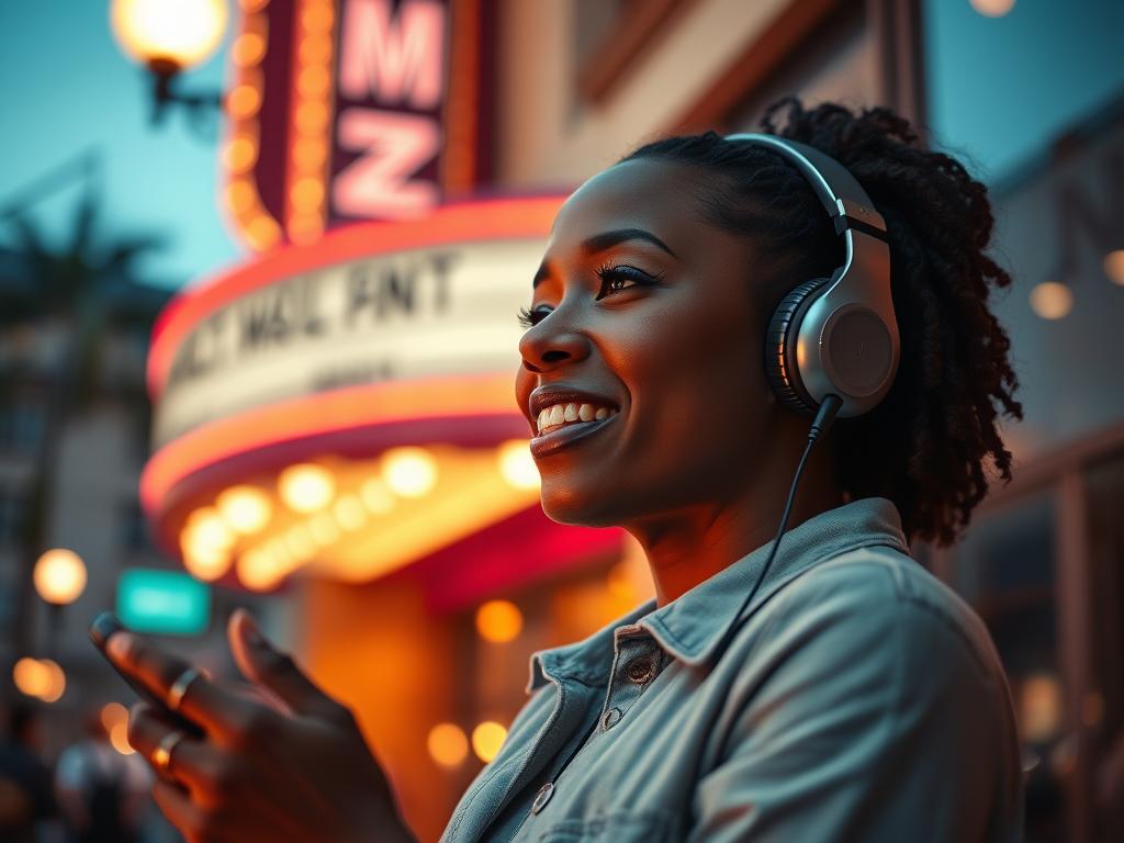 Femme écoutant la musique de la BO Scream 2 (1997) Soundtrack devant le cinéma : vibes rock slasher Miramax