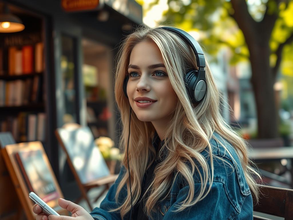Femme écoutant la musique de la BO Scream 4 (2011) Soundtrack près d'une librairie à Ann Arbor, Michigan : vibes rock méta