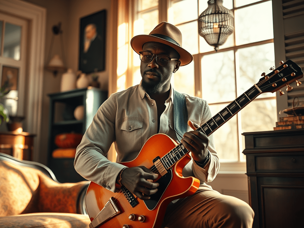 Homme écoutant la musique de la BO Sinners (2025) Soundtrack chez lui à New Orleans : vibes Delta blues