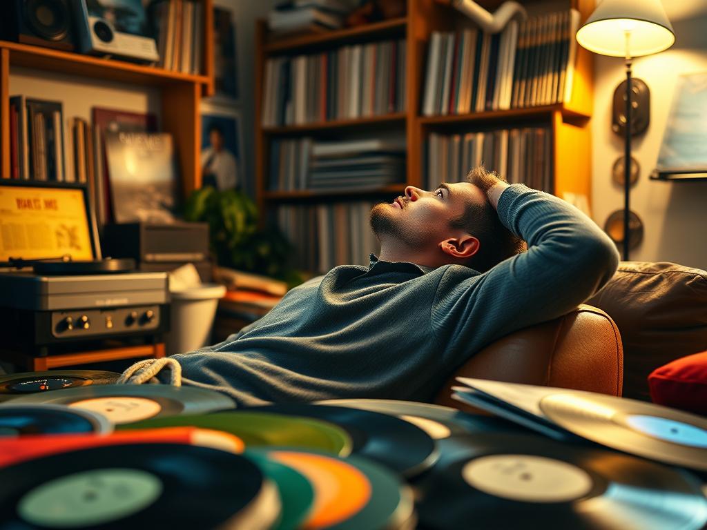 Homme écoutant la musique de la BO The Smashing Machine (2025) Soundtrack sur vinyles : vibes primal MMA