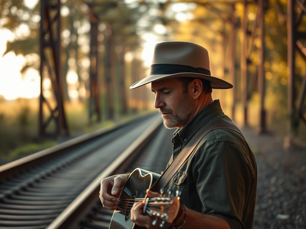 Homme à chapeau jouant de la guitare près d'un chemin de fer en écoutant la BO Train Dreams (2025) Soundtrack : vibes folk solitaires