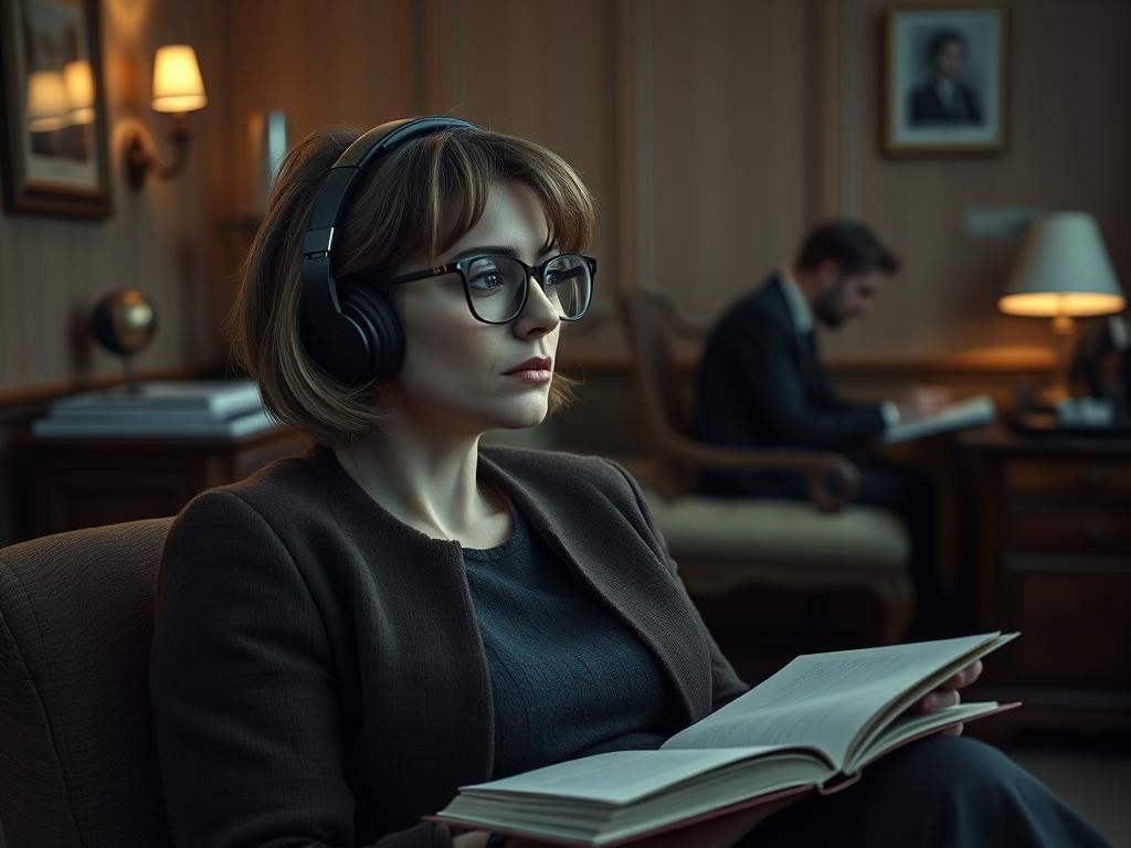 Femme aux traits de Jodie Foster écoutant la musique de la BO Vie Privée (2025) Soundtrack dans un cabinet parisien : vibes thriller psychologique