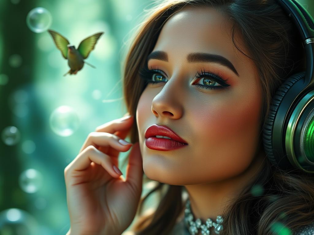 Femme écoutant la musique de la BO Wicked For Good (2025) Soundtrack dans une forêt Oz : vibes enchantées