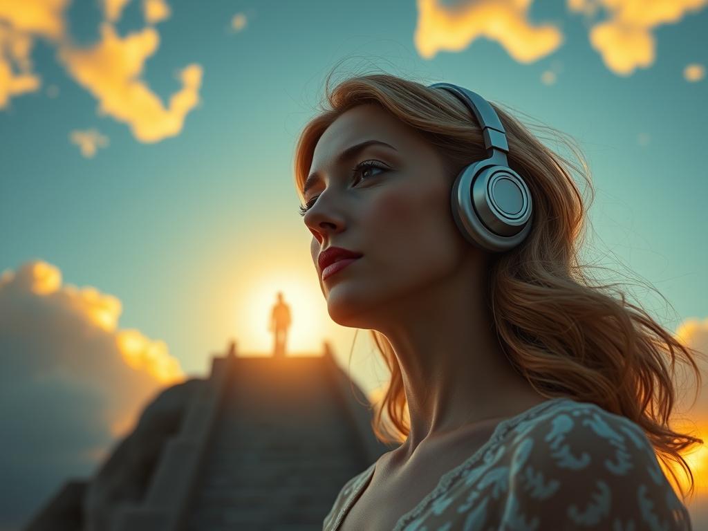 Femme écoutant la musique de la BO Eternity (2025) Soundtrack dans un décor afterlife : vibes romantiques