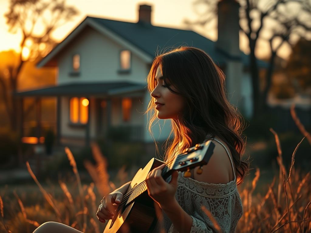 Femme jouant de la guitare en extérieur pour la BO Reminders of Him (2026) Soundtrack : vibes folk