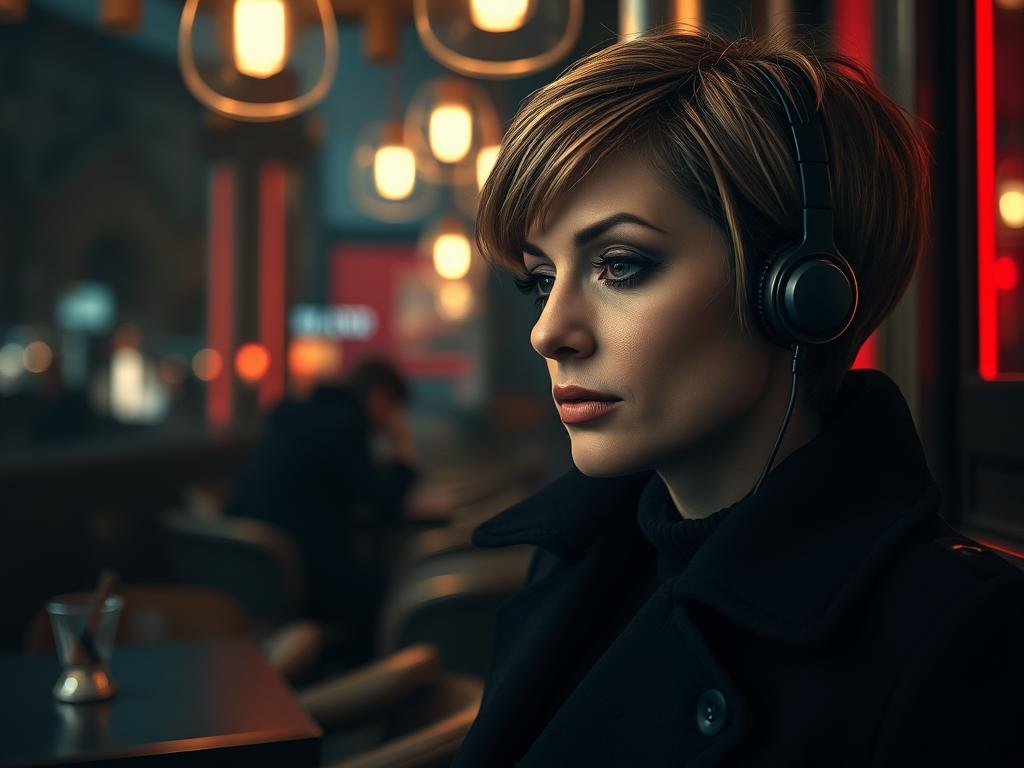 Femme aux traits de Clara Dessau écoutant la musique de la BO The Asset Saison 1 (2025) Soundtrack dans un appartement sombre : vibes espionnage Netflix