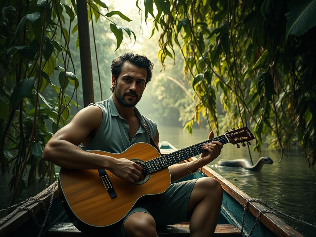 Homme jouant de la guitare sur un bateau dans la jungle amazonienne pour la BO Anaconda (2025) Soundtrack : vibes tropicales