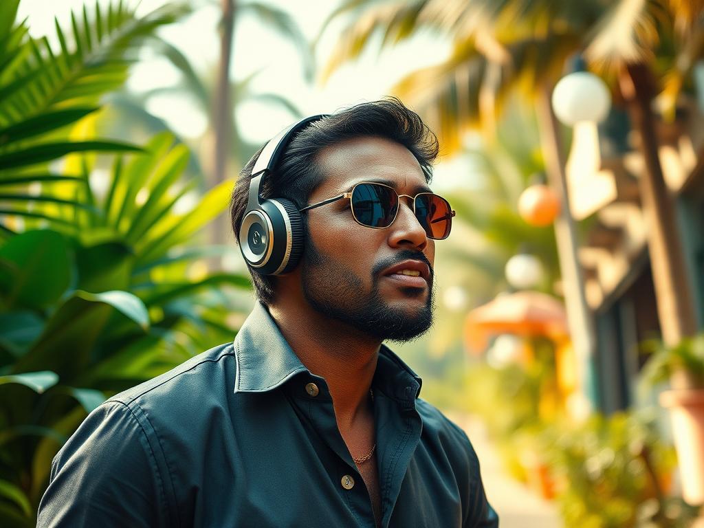 Homme au Brésil écoutant de la musique dans une ambiance années 1970 pour la bande originale du film The Secret Agent (L’Agent Secret) 2025 de Kleber Mendonça Filho avec Wagner Moura