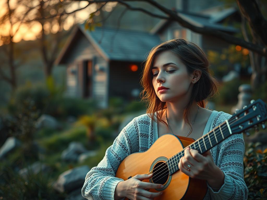 Femme jouant de la guitare dans une maison reculée pour la BO Bring Her Back (2025) Soundtrack : vibes folk émouvantes