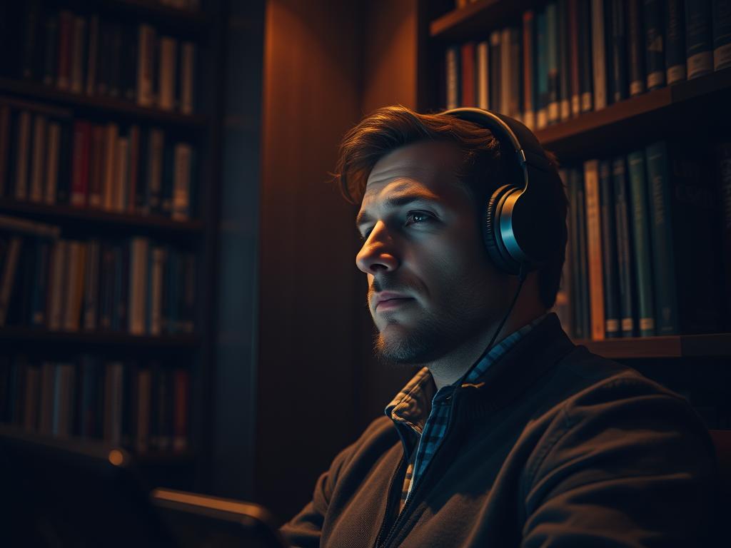 Homme écoutant la musique de la BO The Carpenter's Son (2025) Soundtrack à la bibliothèque : vibes liturgiques