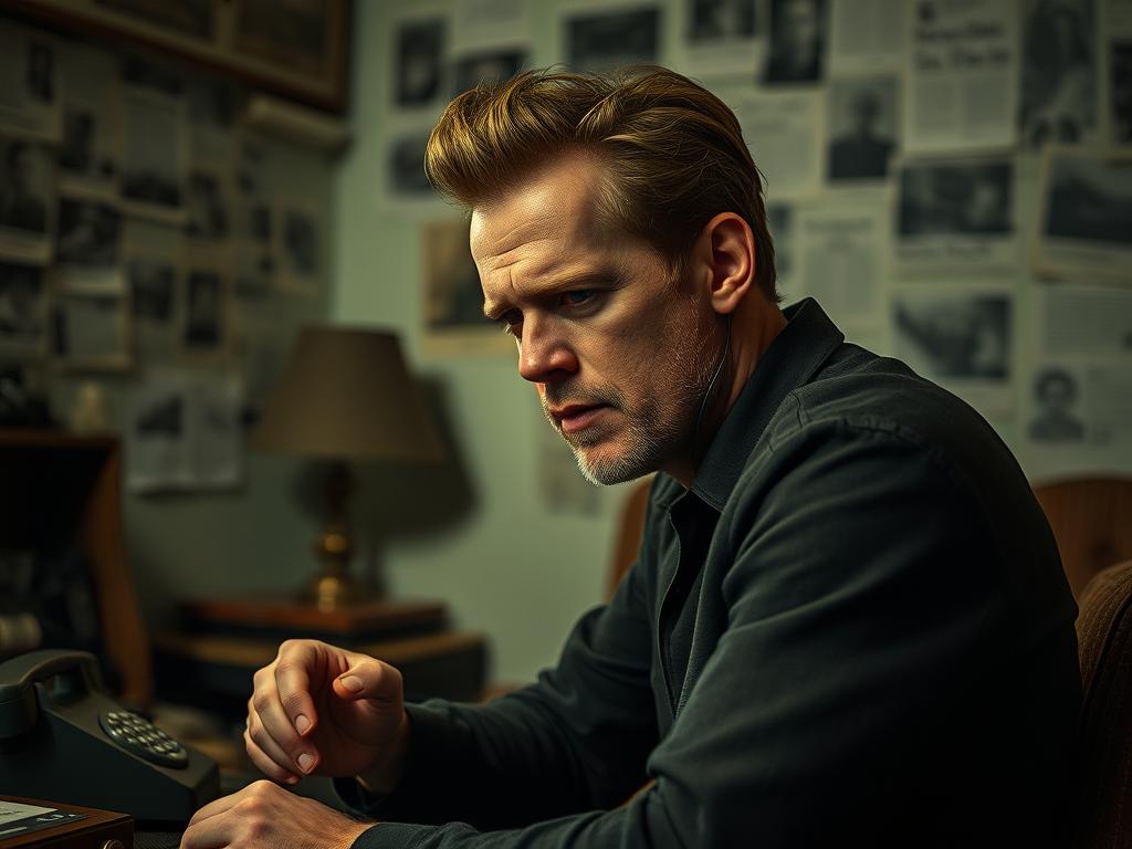 Homme aux traits de Bill Skarsgård écoutant la musique de la BO Dead Man's Wire (2026) Soundtrack dans un bureau 70s : vibes thriller Gus Van Sant