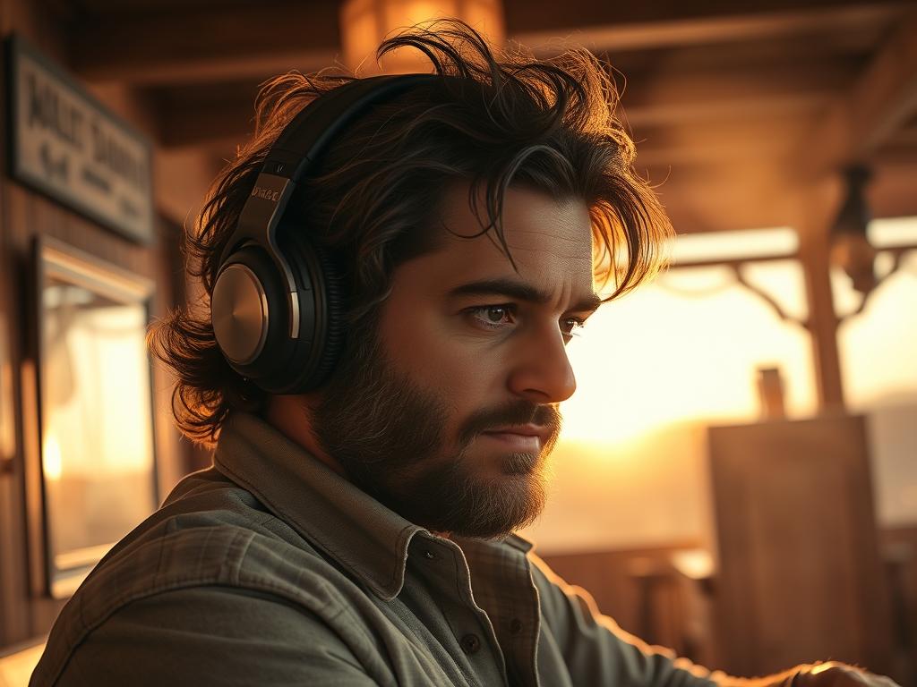 Homme écoutant la musique de la BO Eddington (2025) Soundtrack dans un saloon texan au coucher de soleil : vibes neo-western