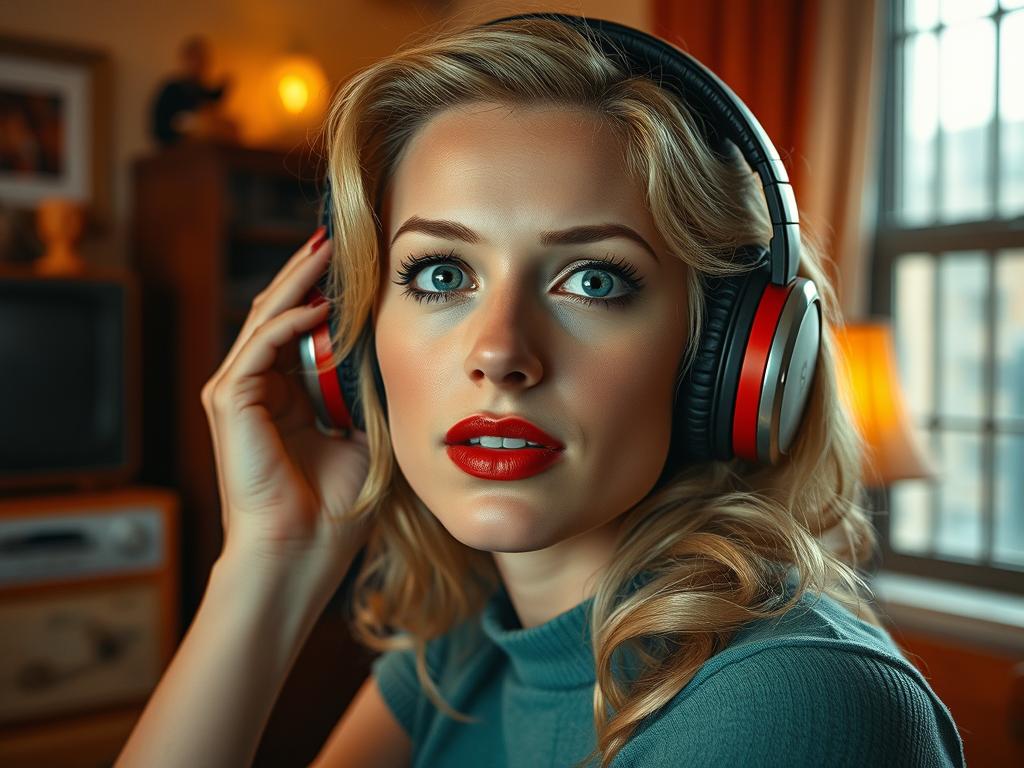 Femme blonde écoutant la musique de la BO The Fantastic Four First Steps (2025) Soundtrack dans un appartement à New York 1960s : vibes cosmiques