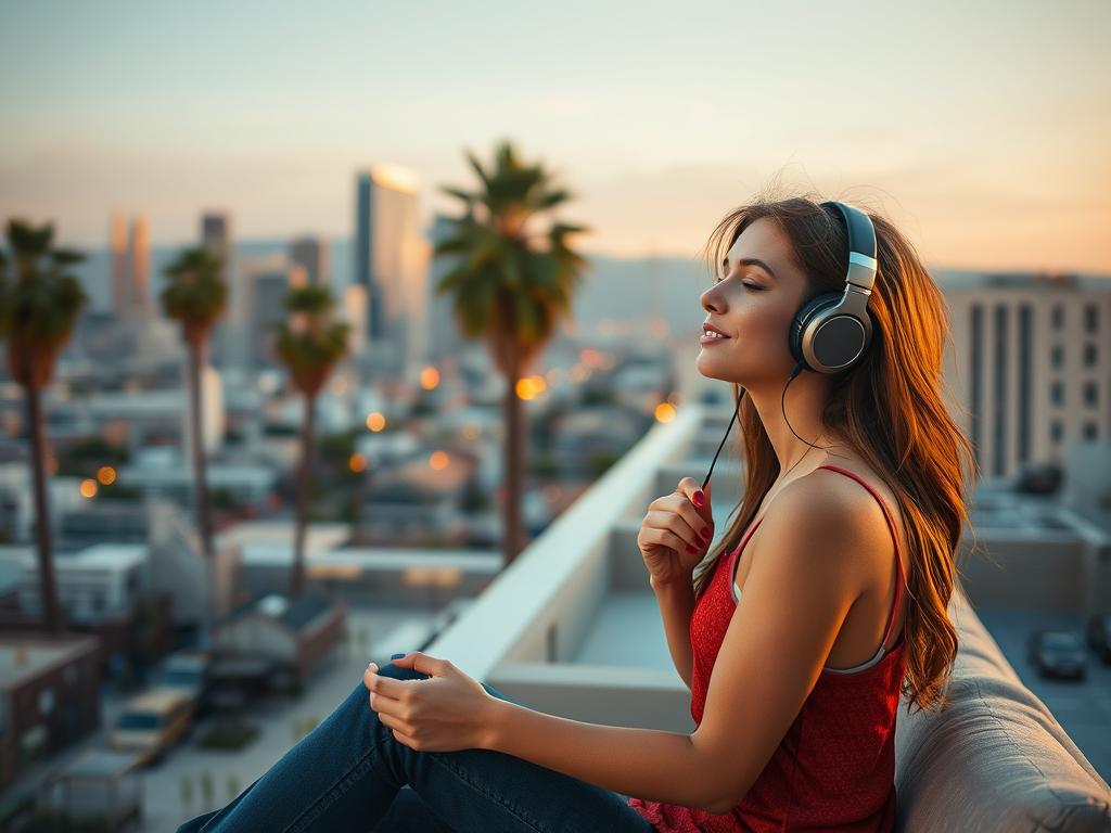 Une femme écoute la musique du film Good Fortune (2025) dans les rues de Los Angeles, ambiance rom-com avec le score de Carter Burwell et classiques comme Beck.
