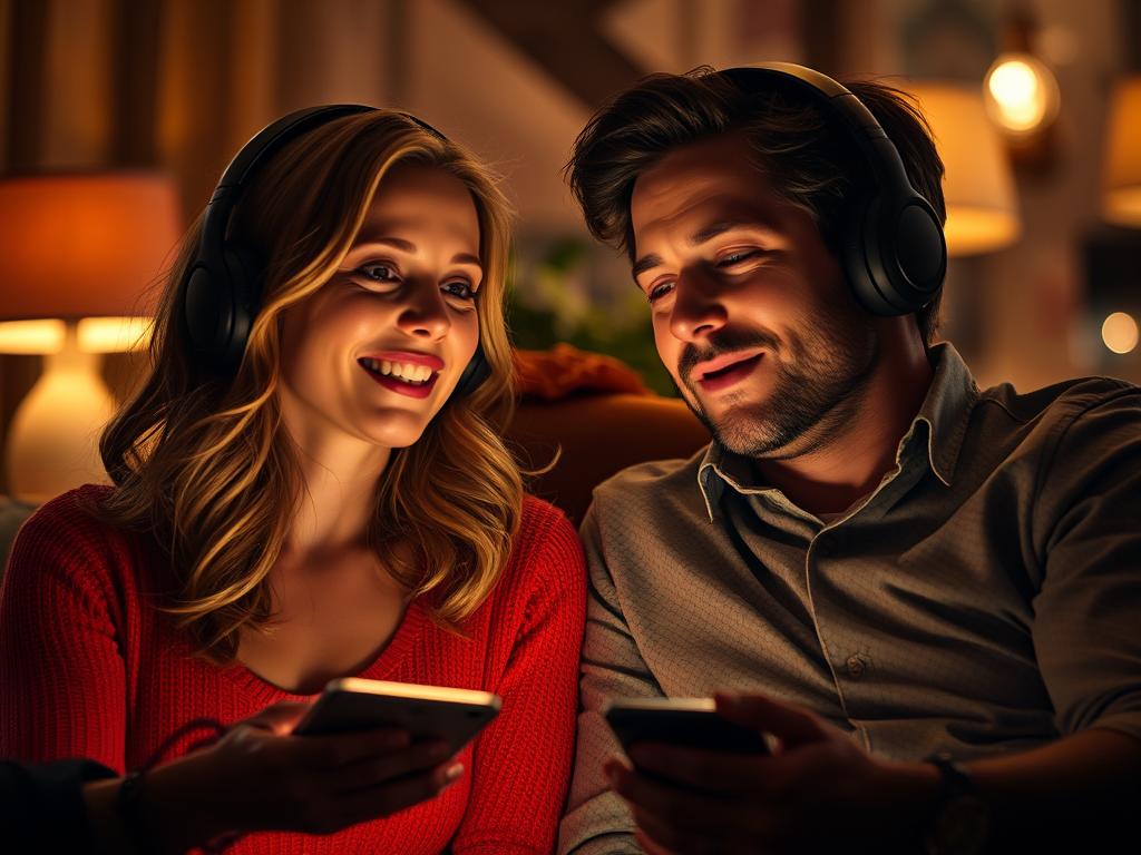 Une femme et un homme écoutent de la musique ensemble, ambiance rom-com de Nobody Wants This Saison 2 (Netflix, 2025), avec hits comme Selena Gomez et le score de Duncan Blickenstaff.