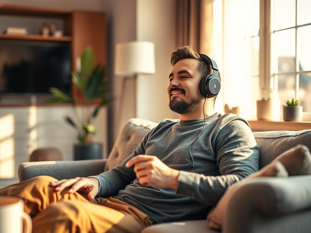 Homme écoutant la musique de la BO Good Boy (2025) Soundtrack sur son canapé : vibes surnaturelles