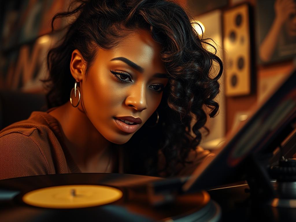 Femme écoutant la musique de la BO Hedda (2025) Soundtrack sur vinyles chez elle : vibes jazz Amazon Prime