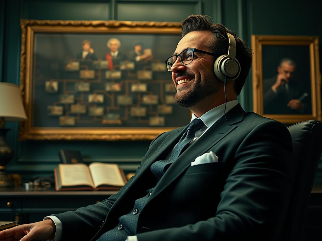 Homme aux traits de Glen Powell écoutant la musique de la BO How to Make a Killing (2026) Soundtrack dans un bureau familial sombre : vibes thriller héritage