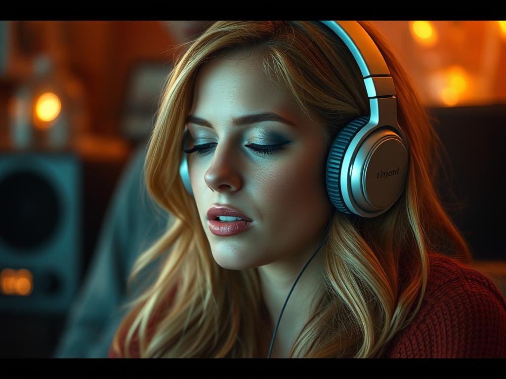 Femme écoutant la musique de la BO The Hunger Games: Sunrise on the Reaping (2026) Soundtrack chez elle : ambiance dystopique