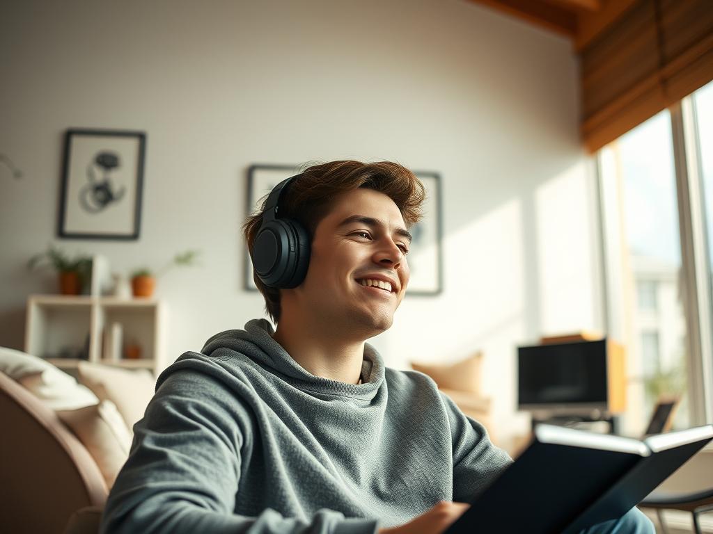 Un jeune homme écoute la musique de It: Welcome to Derry Saison 1 (HBO Max, 2025) dans son salon sombre, ambiance horrifique avec le score de Benjamin Wallfisch