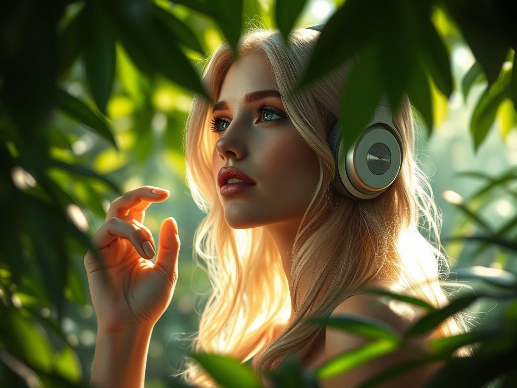 Femme écoutant la musique de la BO Jurassic World: Rebirth (2025) Soundtrack en région équatoriale : vibes primal