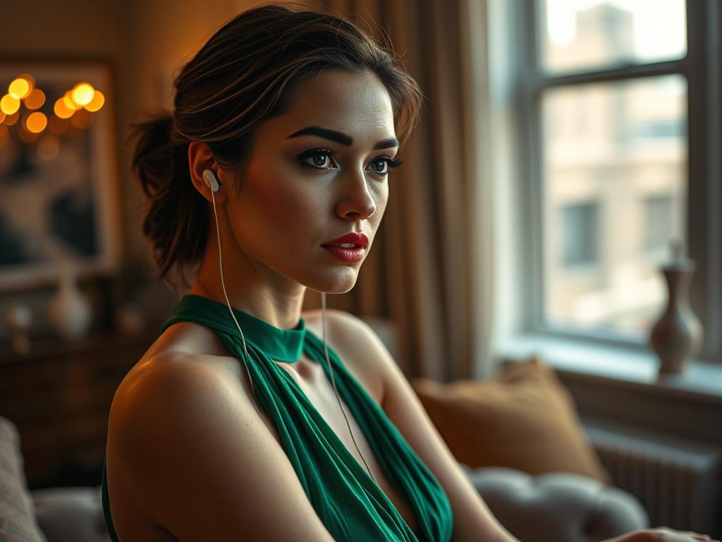 Femme en robe verte écoutant la musique de la BO Kiss of the Spider Woman (2025) Soundtrack dans un appartement à Chicago : vibes théâtrales