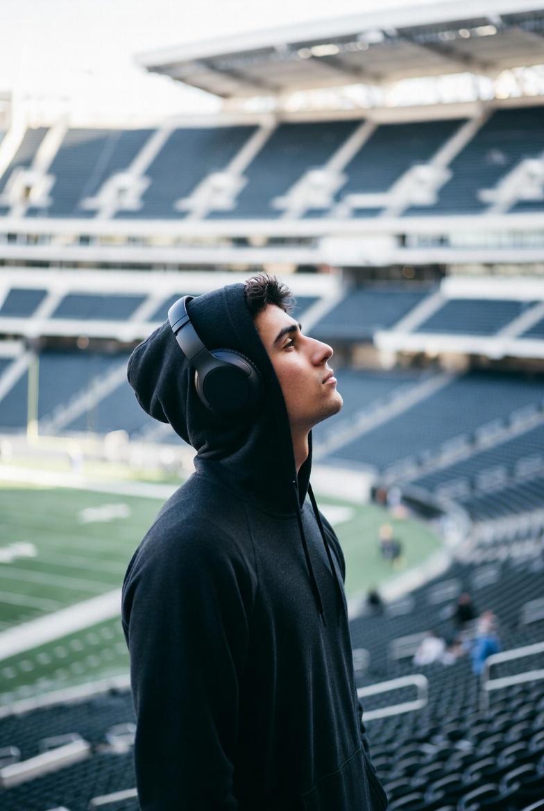Homme écoutant de la musique dans un stade de football américain, ambiance introspective et passion NFL pour illustrer la bande originale de Madden (2026), biopic de David O. Russell avec Nicolas Cage et Christian Bale
