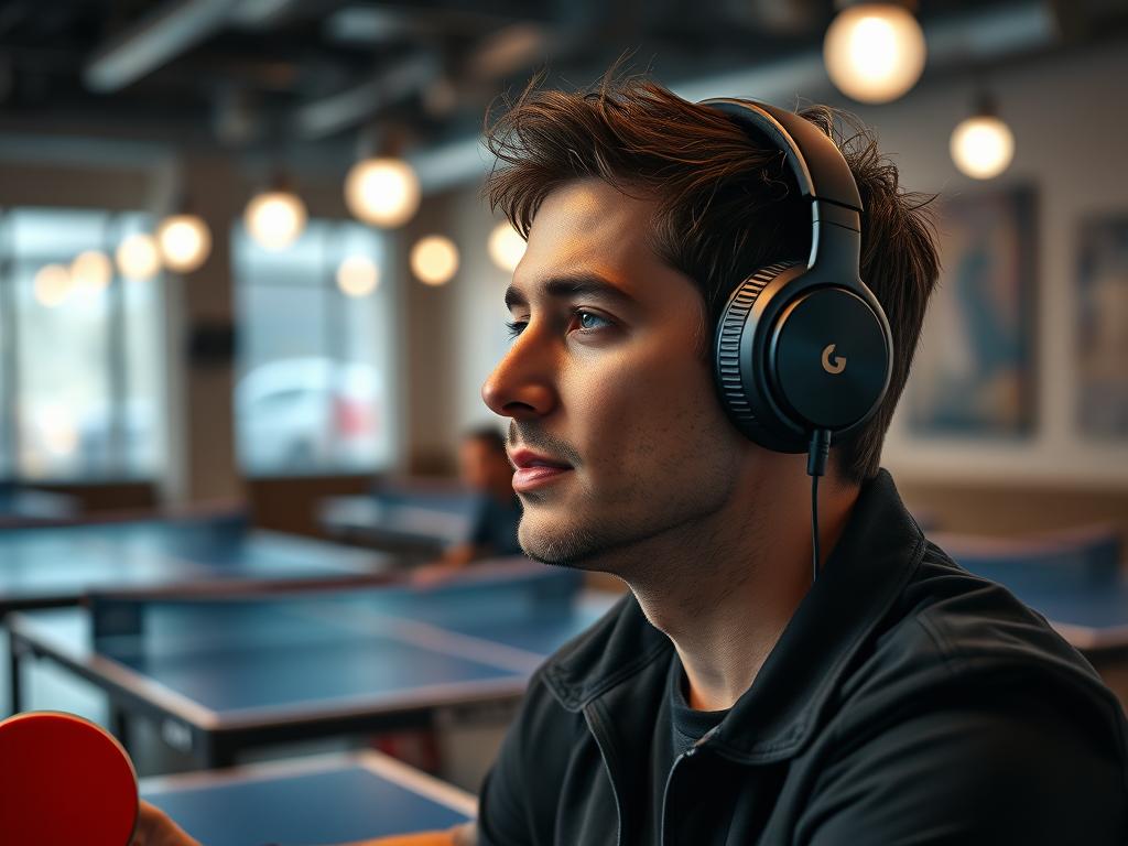 Homme écoutant la musique de la BO Marty Supreme (2025) Soundtrack dans une salle de ping pong : vibes 80s ambition