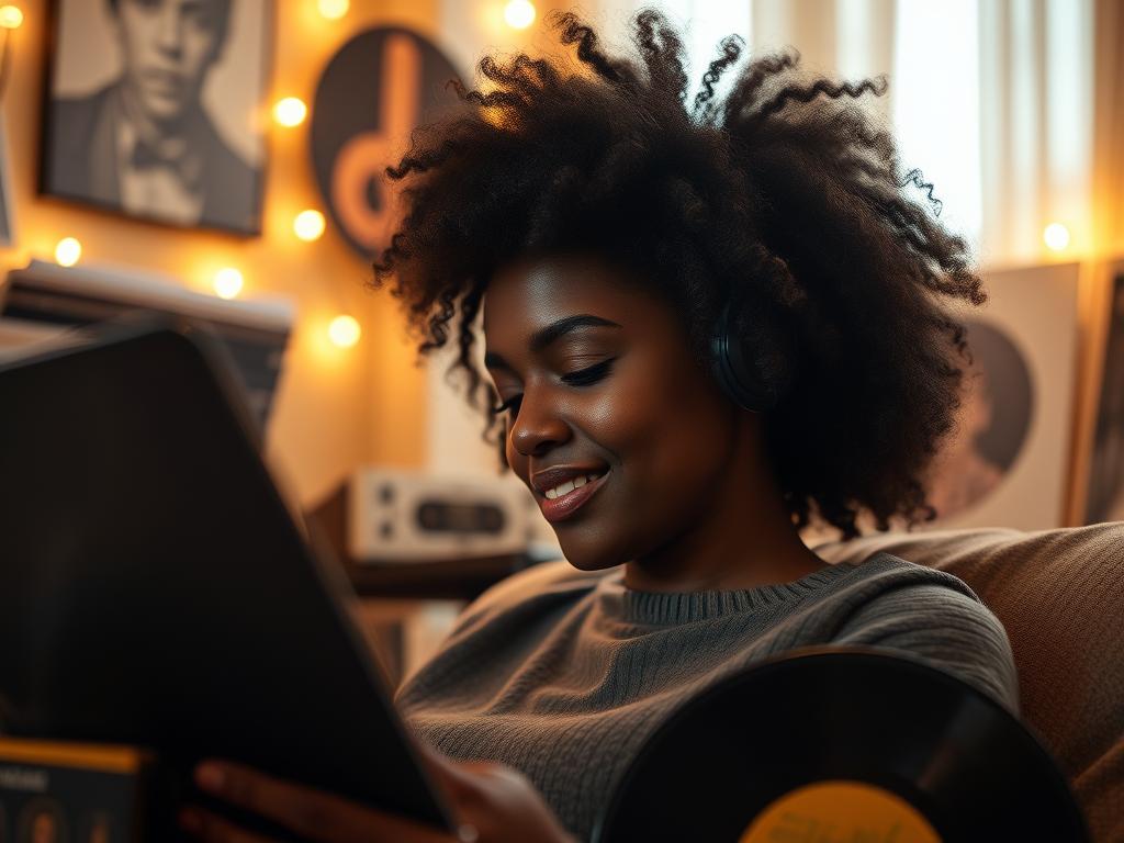 Femme écoutant la musique de la BO Michael (2026) Soundtrack sur vinyles chez elle : vibes pop iconiques