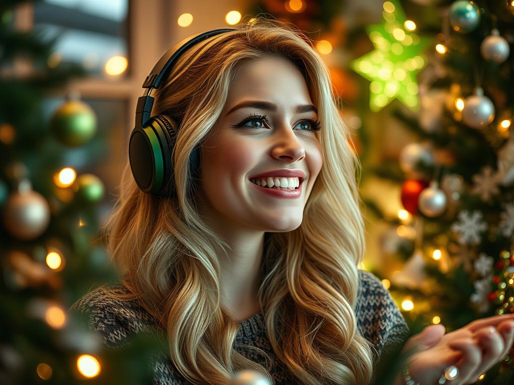 Femme blonde écoutant la musique de la BO Oh. What. Fun. (2025) Soundtrack devant sapin de Noël : vibes joyeuses Amazon Prime