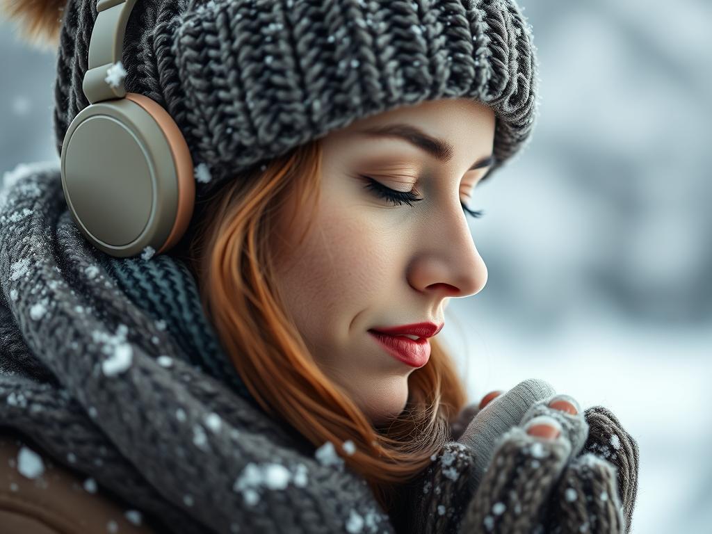 Femme écoutant la musique de la BO Ordinary Angels (2024) Soundtrack sous la neige : vibes country hivernales