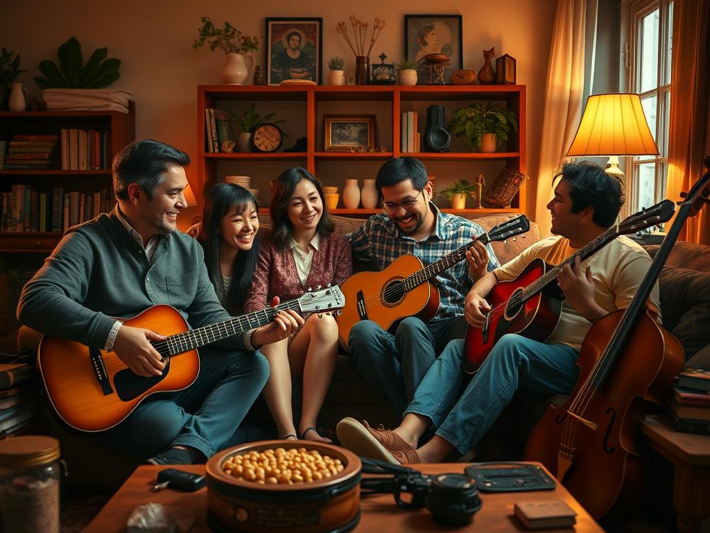 Famille jouant de la guitare dans le salon โ Rental Family (Dans la vie des autres) (2025) Soundtrack avec Brendan Fraser