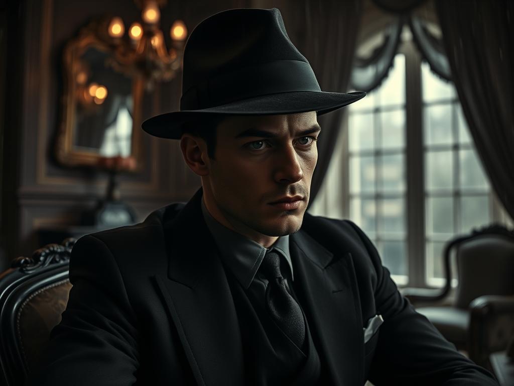 Homme écoutant la musique de la BO Road to Perdition (2002) Soundtrack sous la pluie à Chicago 1931 : vibes tragiques Sam Mendes