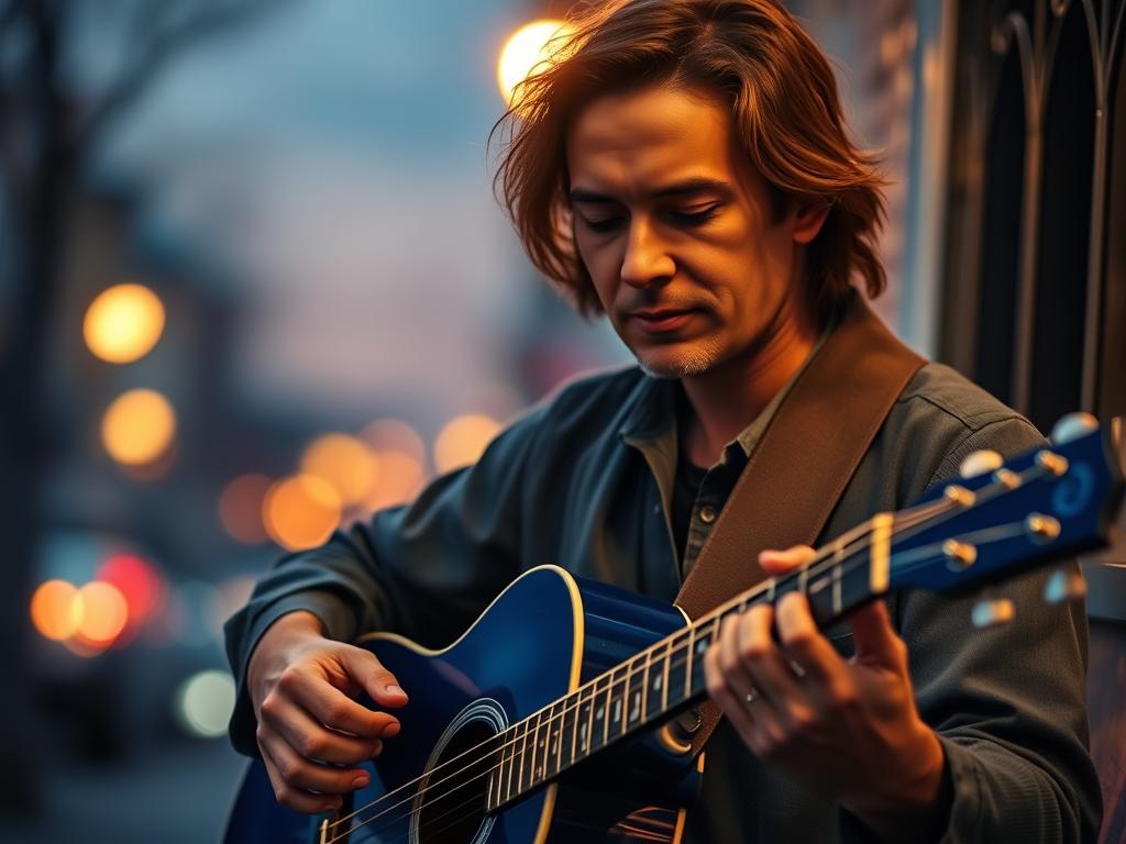 Homme jouant de la guitare dans la rue – Song Sung Blue (Sur un air de blues) (2025) Soundtrack avec Hugh Jackman et Kate Hudson
