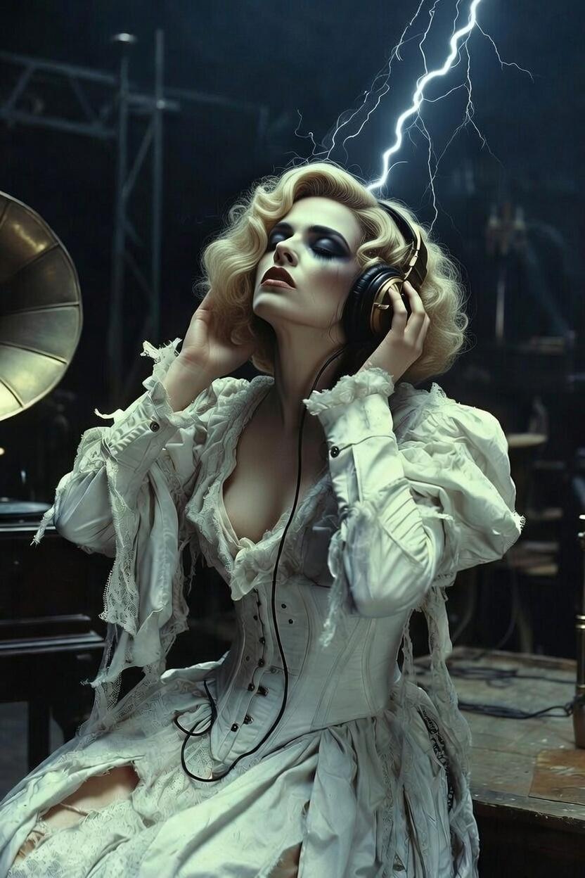 Femme ressemblant à Jessie Buckley en Bride ressuscitée, écoutant intensément de la musique punk rock avec casque vintage dans un laboratoire gothique, yeux fermés en extase – illustration de la bande originale de The Bride! (2026), film de Maggie Gyllenhaal